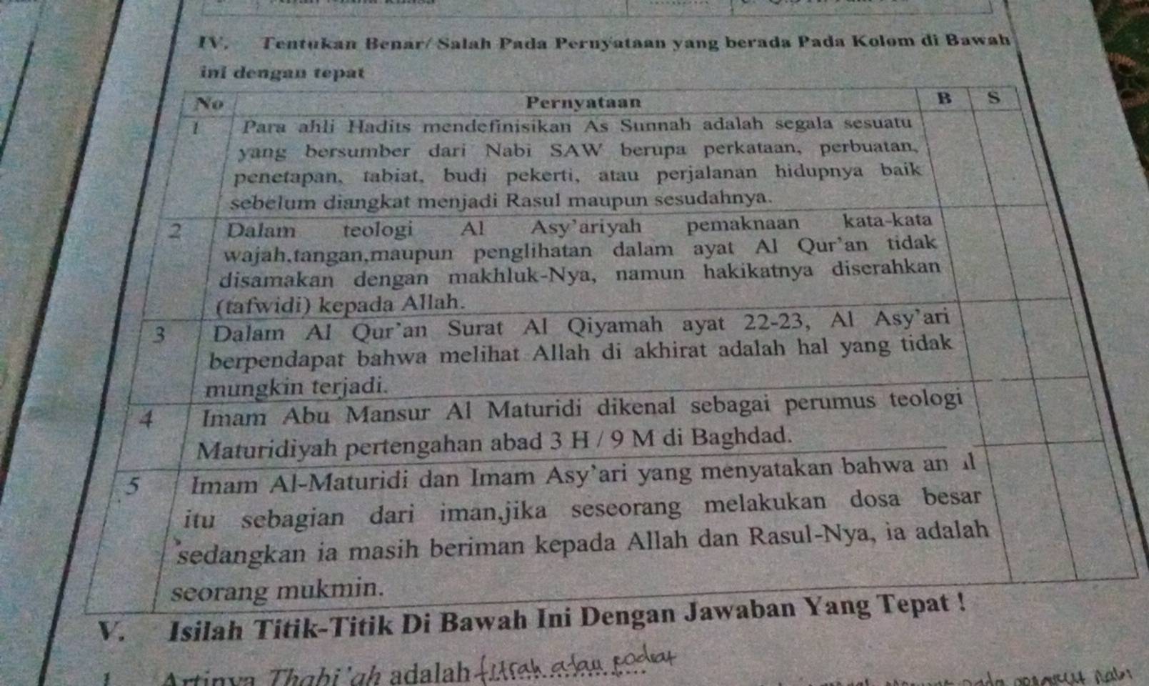 Tentukan Benar/Salah Pada Pernyataan yang berada Pada Kolom di Bawah 
Artinva Thɑhi'gh adalah