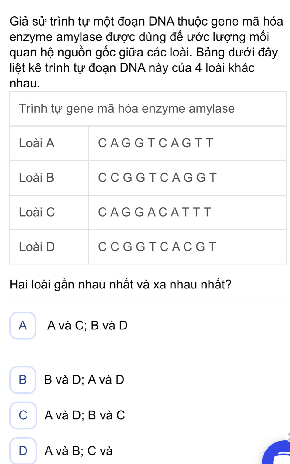 Giả sử trình tự một đoạn DNA thuộc gene mã hóa
enzyme amylase được dùng để ước lượng mối
quan hệ nguồn gốc giữa các loài. Bảng dưới đây
liệt kê trình tự đoạn DNA này của 4 loài khác
nhau.
Hai loài gần nhau nhất và xa nhau nhất?
A A và C; B và D
B B và D; A và D
C A và D; B và C
D A và B; C và