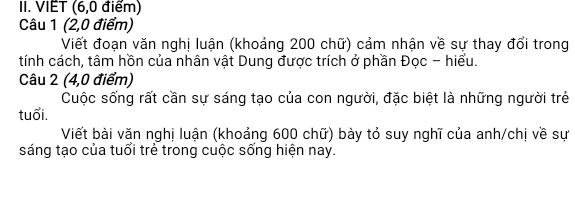 VIÊT (6,0 điểm) 
Câu 1 (2,0 điểm) 
Viết đoạn văn nghị luận (khoảng 200 chữ) cảm nhận về sự thay đổi trong 
tính cách, tâm hồn của nhân vật Dung được trích ở phần Đọc - hiểu. 
Câu 2 (4,0 điểm) 
Cuộc sống rất cần sự sáng tạo của con người, đặc biệt là những người trẻ 
tuổi. 
Viết bài văn nghị luận (khoảng 600 chữ) bày tỏ suy nghĩ của anh/chị về sự 
sáng tạo của tuổi trẻ trong cuộc sống hiện nay.