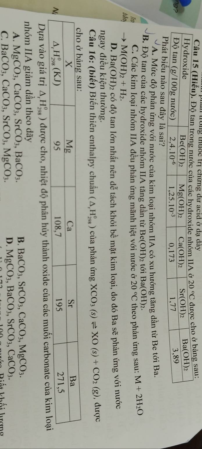 hân trong thuốc trị chứng dư acid ở dạ dây
Câu 15 (ng sau:
n
là sai?
A. Mức độ phản ứng với nước của kim loại nhóm IIA có xu hướng tăng dần từ Be tới Ba.
B. Độ tan của các hydroxide nhóm IIA tăng dần từ 1 Be(OH )2 tới Ba(OH)_2.
Tro C. Các kim loại nhóm IIA đều phản ứng mãnh liệt với nước ở 20°C theo phản ứng sau: M+2H_2O
bảm to M(OH)_2+H_2.
D. Ba(OH)_2 có độ tan lớn nhất nên dễ tách khỏi bề mặt kim loại, do đó Ba sẽ phản ứng với nước
ngay điều kiện thường.
Câu 16: (biết) Biến thiên enthalpy chuẩn (△ _rH_(298)^0) của phản ứng XCO_3(s)leftharpoons XO(s)+CO_2(g) , được
Dựa vào giá trị △ _rH_(298)^0) được cho, nhiệt độ phân hủy thành oxide của các muối carb
nhóm IIA giảm dần theo dãy
A. MgCO_3,CaCO_3,SrCO_3,BaCO_3.
B. BaCO_3,SrCO_3,CaCO_3,MgCO_3.
C. BaCO_3,CaCO_3,SrCO_3,MgCO_3.
D. MgCO_3,BaCO_3,SrCO_3,CaCO_3.
i s  B iết khối kợng