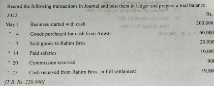 Record the following transactions in Journal and post them in ledger and prepare a trial balance: 
2022 Rs. 
May I Business started with cash 200,000
4 Goods purchased for cash from Anwar 60.000
7 Sold goods to Rahim Bros 20,000
14 Paid salaries 10.000
20 Commission received 90
25 Cash received from Rahim Bros. in full settlement 19,80
[T. B. Rs. 220,900 ]