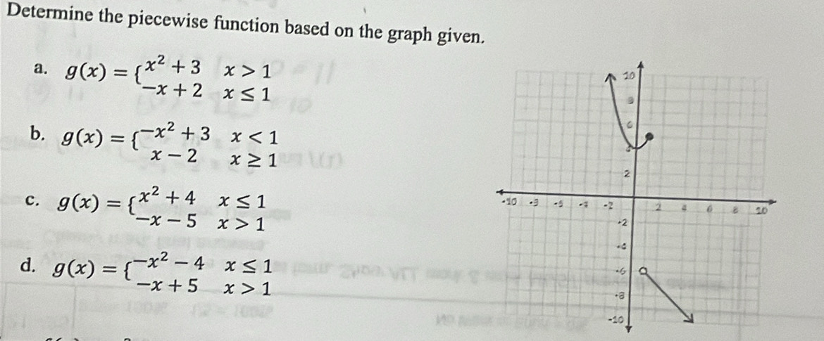 Determine the piecewise function based on the graph given.
a. g(x)=beginarrayl x^2+3x>1 -x+2x≤ 1endarray.
b. g(x)=beginarrayl -x^2+3x<1 x-2x≥ 1endarray.
c. g(x)=beginarrayl x^2+4x≤ 1 -x-5x>1endarray.
d. g(x)=beginarrayl -x^2-4x≤ 1 -x+5x>1endarray.