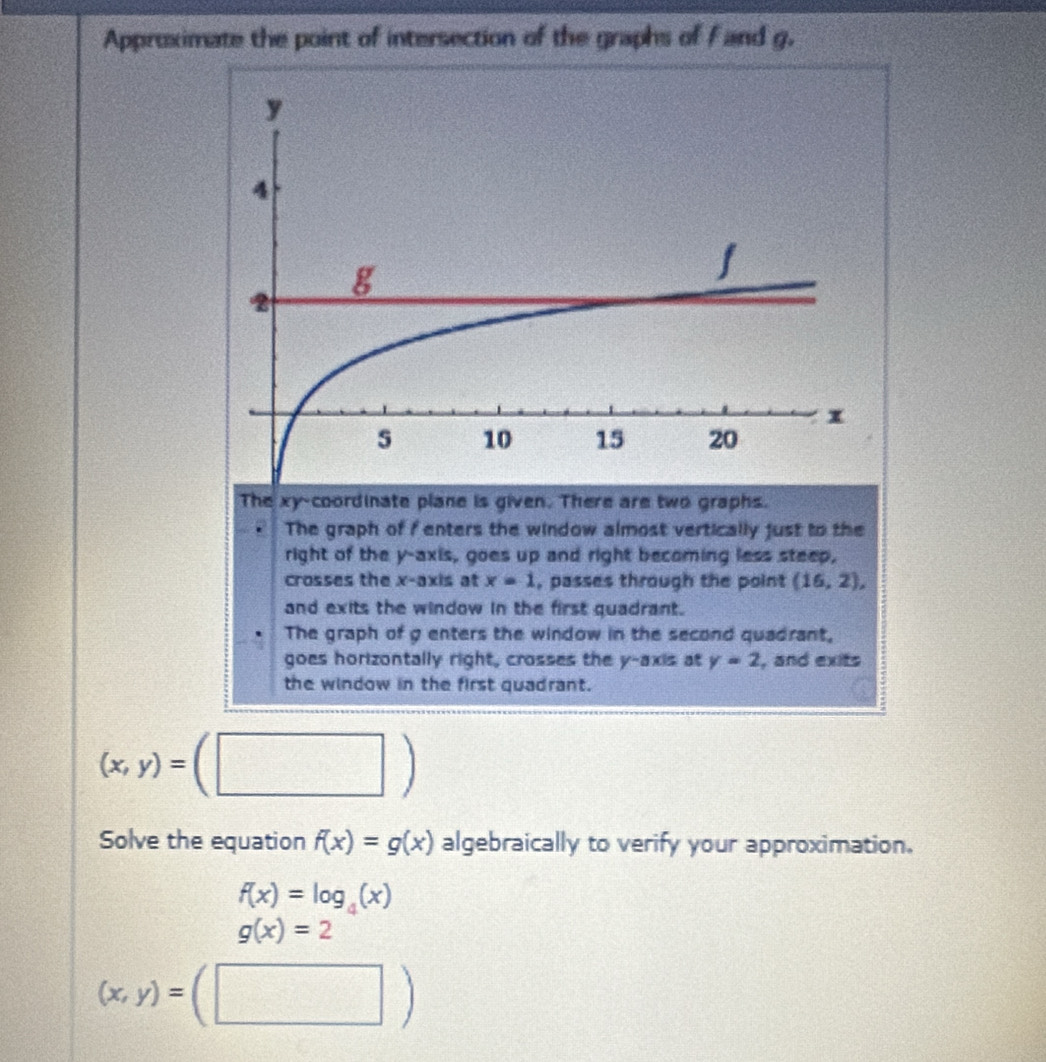 Approximate the point of intersection of the graphs of F and g. 
The xy -coordinate plane is given. There are two graphs. 
The graph of f enters the window almost vertically just to the 
right of the y-axis, goes up and right becoming less steep, 
crosses the x-axis at x=1 , passes through the point (16,2), 
and exits the window in the first quadrant. 
The graph of g enters the window in the second quadrant, 
goes horizontally right, crosses the y-axis at y=2 , and exits 
the window in the first quadrant.
(x,y)=(□ )
Solve the equation f(x)=g(x) algebraically to verify your approximation.
f(x)=log _4(x)
g(x)=2
(x,y)=(□ )