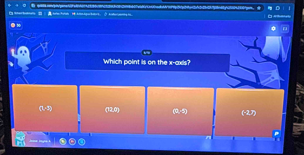 quizizz.com/join/game/U2FsdGVkX1%252BGcXR%252B6UhOBVZWW8xb07a6zlKzYJrrUCvaekxMV1KP8ipZk0pZHhyvlZafvZvZSvl2h7ljS8m8Eg%253D%253D?gam..
School Bookmarl Aerles: Portats M Acton-Agua Dulce U... Acellus Learing Ac...
All Bookma
30
Which point is on the x-axis?
(1,-3)
(12,0)
(0,-5)
(-2,7)
I
Jesse Jayne A