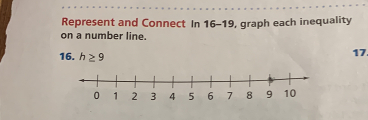 Represent and Connect In 1 6 -1 9, , graph each inequality 
on a number line. 
16. h≥ 9
17