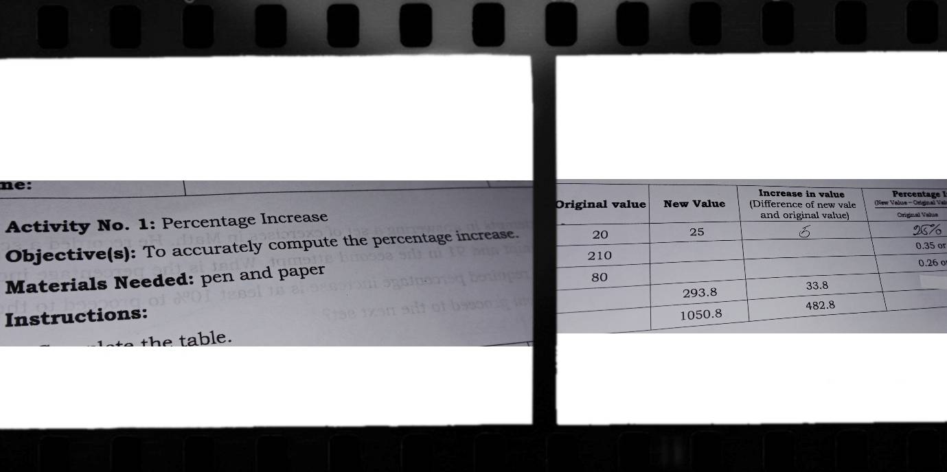 ne: Vee I 
Activity No. 1: Percentage Increase 
Objective(s): To accurately compute the percentage increase. 
or 
Materials Needed: pen and paper 
o 
Instructions: 
the table.