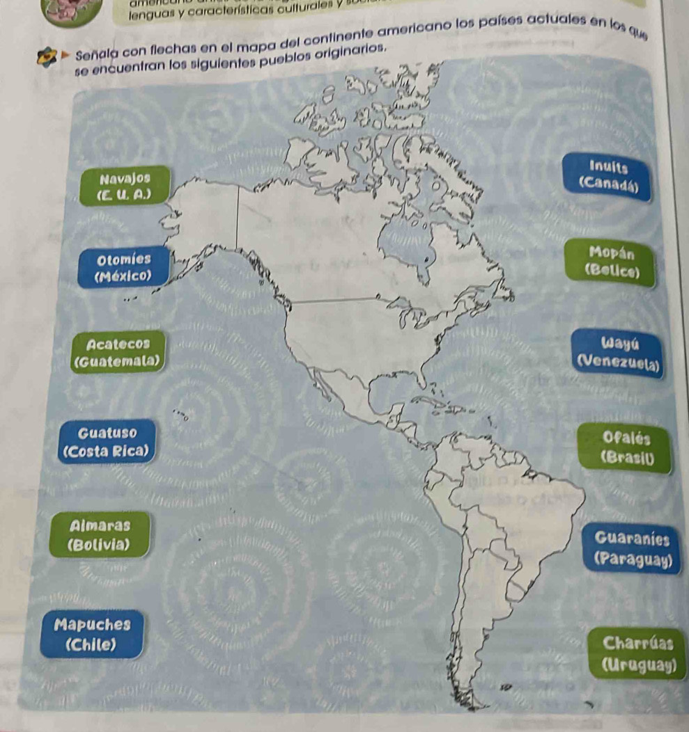 lenguas y características culturales y su 
Señala con flechas en el mapa del continente americano los países actuales en los que 
a) 
) 
ies 
ay) 
úas 
ay)