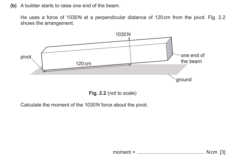 A builder starts to raise one end of the beam. 
He uses a force of 1030N at a perpendicular distance of 120cm from the pivot. Fig. 2.2 
shows the arrangement. 
Fig. 2.2 (not to scale) 
Calculate the moment of the 1030N force about the pivot.
moment = _ N cm [3]