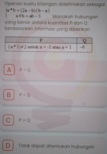 Operasi suatu bilangan didefiniskan sebagaí
beginarrayl a*b=(2a-b)(b-a) a*b=ab-3endarray. Manakah hubungan
yang benar antara kuantitas P dan Q
berdasarkan informasi yang diberikan
A P>Q
B P
C P=Q
D Tidak dapat ditentukan hubungan