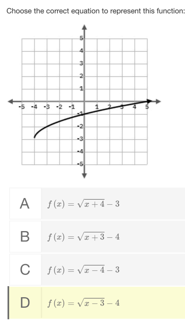 Choose the correct equation to represent this function:
A f(x)=sqrt(x+4)-3
B f(x)=sqrt(x+3)-4
C f(x)=sqrt(x-4)-3
D f(x)=sqrt(x-3)-4