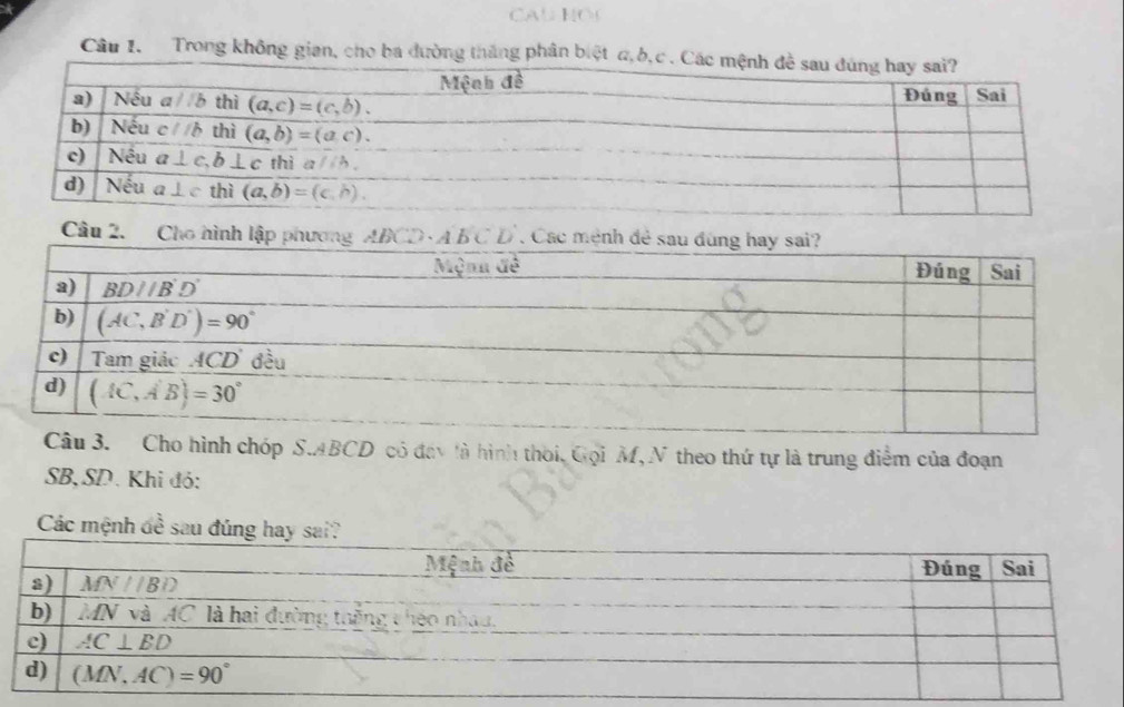 CAú NO
Câu 1. Trong không gian, cho ba đường thắng phân biệt α
Câu 2. 
Câu 3. Cho hình chóp S.ABCD có đay là hình thời, Gọi M,N theo thứ tự là trung điểm của đoạn
SB, SD. Khi đỏ:
Các mệnh đề sau đ