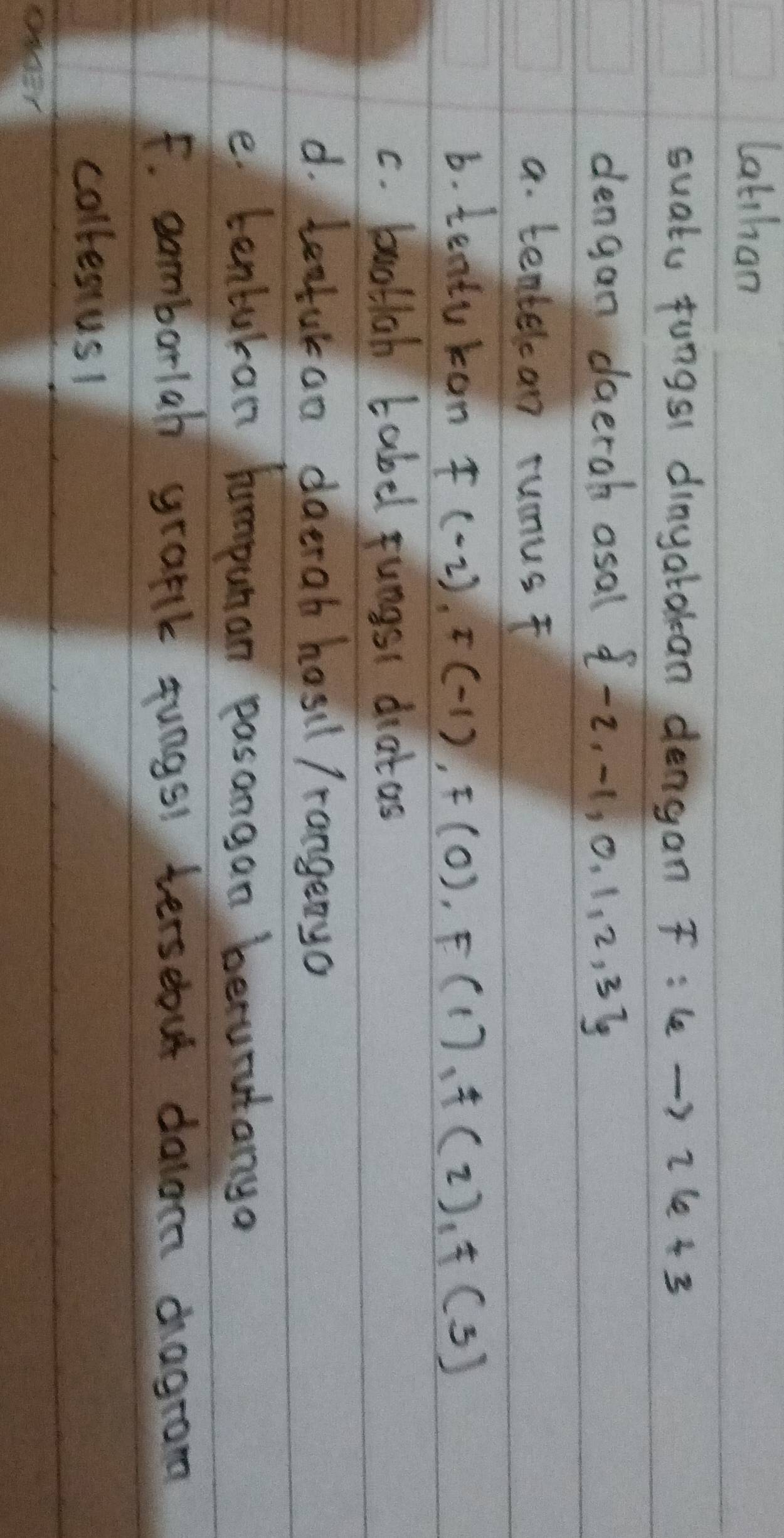 Lathan 
suatu fungsl dinyatalean dengan F:6to 26+3
dengan daerah osal  -2,-1,0,1,2,3
a. tentelcon rumus f
6. tentukon F(-2), F(-1), F(0), F(1), F(2), f(3)
c. buatlah tabel rungsi diatas 
d. Leaturan daerab hosil /rangenyo 
e. tenturan hompunan pasangan benunutanya 
F. eambarlah graflk fungst terseout dalam cagram 
collenus!