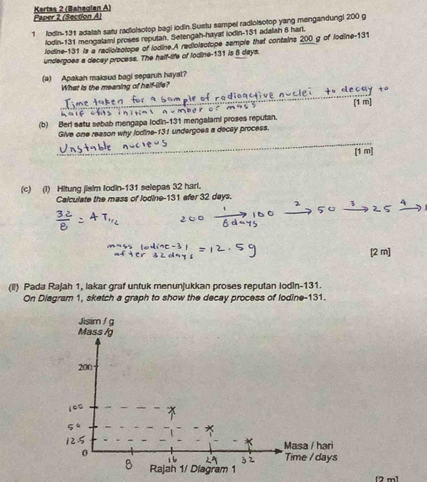 Kertas 2 (Bahagian A) 
Paper 2 (Section A) 
1 lodin- 131 adalah satu radiolsotop bagi iodin.Suatu sampel radiolsotop yang mengandung! 200 g
lodin- 131 mengalami proses reputan. Setengah-hayat lodin- 131 adalah 8 harl. 
lodine- 131 is a radioisotope of lodine.A radioisotope sample that contains 200 g of lodine- 131
undergoes a decay process. The half-life of lodine- 131 is 8 days. 
(a) Apakah maksud bagi separuh hayat? 
What is the meaning of half-life? 
[1 m] 
(b) Beri satu sebab mengapa lodin- 131 mengalami proses reputan. 
Give one reason why lodine- 131 undergoes a decay process. 
[1 m] 
(c) (l) Hitung jisim Iodin- 131 selepas 32 harl. 
Calculate the mass of lodine- 131 afer 32 days. 
[2 m] 
(il) Pada Rajah 1, lakar graf untuk menunjukkan proses reputan Iodin- 131. 
On Diagram 1, sketch a graph to show the decay process of lodine- 131. 
[2 m]