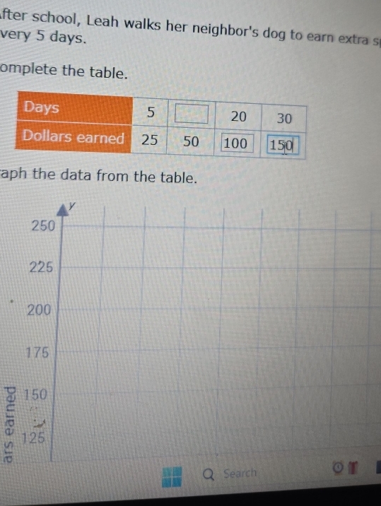 After school, Leah walks her neighbor's dog to earn extra s 
very 5 days. 
omplete the table. 
aph the data from the table. 
5