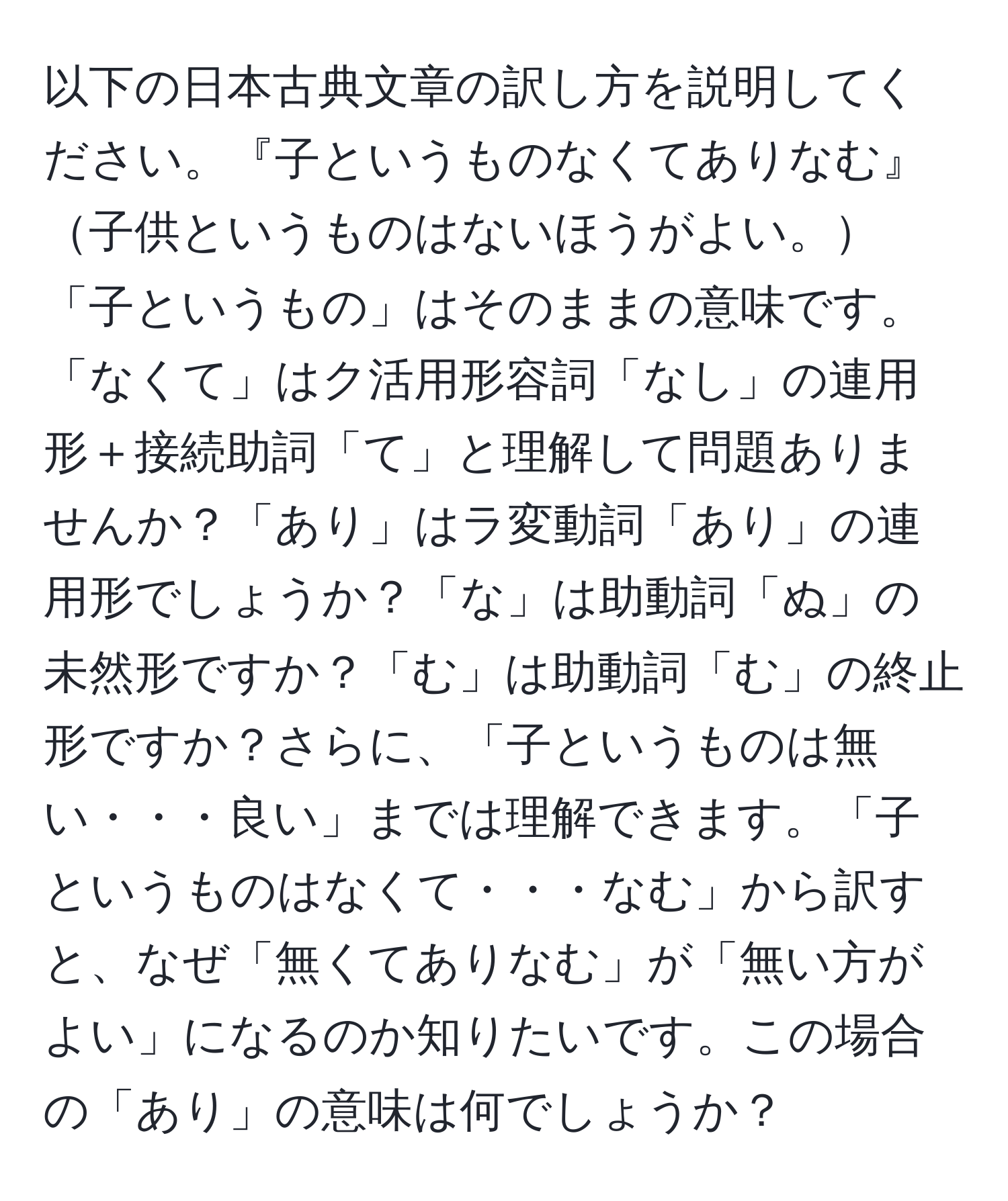 以下の日本古典文章の訳し方を説明してください。『子というものなくてありなむ』 子供というものはないほうがよい。「子というもの」はそのままの意味です。「なくて」はク活用形容詞「なし」の連用形＋接続助詞「て」と理解して問題ありませんか？「あり」はラ変動詞「あり」の連用形でしょうか？「な」は助動詞「ぬ」の未然形ですか？「む」は助動詞「む」の終止形ですか？さらに、「子というものは無い・・・良い」までは理解できます。「子というものはなくて・・・なむ」から訳すと、なぜ「無くてありなむ」が「無い方がよい」になるのか知りたいです。この場合の「あり」の意味は何でしょうか？