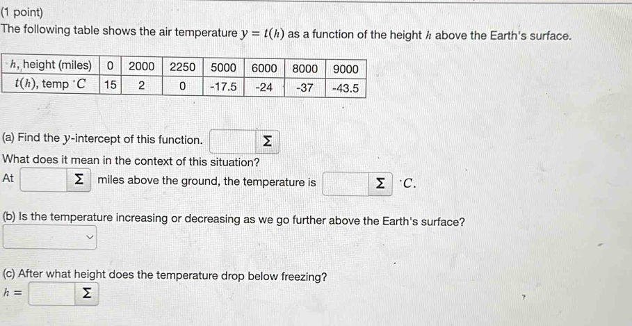 The following table shows the air temperature y=t(h) as a function of the height h above the Earth's surface.
(a) Find the y-intercept of this function. □ Σ
What does it mean in the context of this situation?
At □ sumlimits miles above the ground, the temperature is □ sumlimits ^.C.
(b) Is the temperature increasing or decreasing as we go further above the Earth's surface?
(c) After what height does the temperature drop below freezing?
h=□ sumlimits