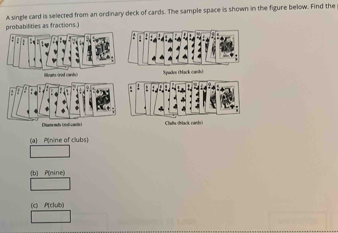 A single card is selected from an ordinary deck of cards. The sample space is shown in the figure below. Find the
probabilities as fractions.)
Spades (black cards)
Diamonds (red cards) Clubs (black cards)
(a) P (nine of clubs)
(b) P(nine)
(c) P(club)