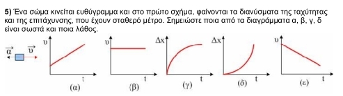 Εναα σώμα κινείται ευθύγραμμα καιαστοαπηρώτοασχήμαΚ φαίνονται τα διανύσματα της ταχύίτητας
καιατηςαεπτιτάχυνσηςς πτου έχουν σταθερόδ μαέτροΚ Σημειώστε πτοια απτό τα διαγράμματα α, β, γ, δ
είναι σωστά και πτοια λάρθος,
vector a vector v
(α)