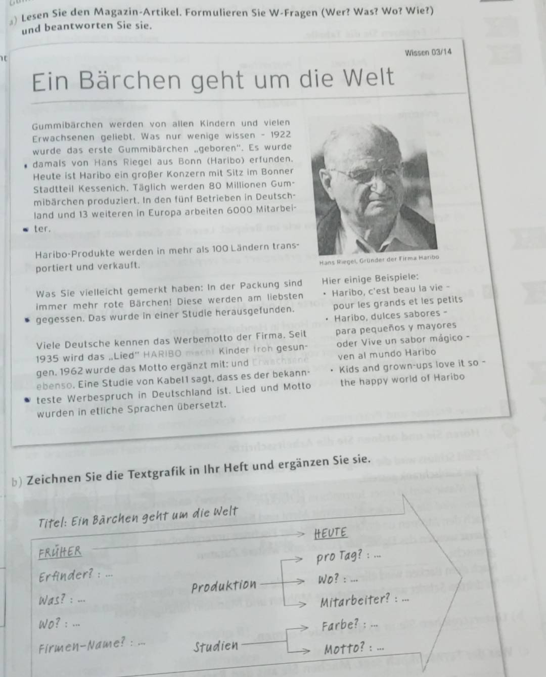 』) Lesen Sie den Magazin-Artikel. Formulieren Sie W-Fragen (Wer? Was? Wo? Wie?)
und beantworten Sie sie.
Wissen 03/14
] (
Ein Bärchen geht um die Welt
Gummibärchen werden von allen Kindern und vielen
Erwachsenen geliebt. Was nur wenige wissen - 1922
wurde das erste Gummibärchen „geboren''. Es wurde
damals von Hans Riegel aus Bonn (Haribo) erfunden.
Heute ist Haribo ein großer Konzern mit Sitz im Bonner
Stadtteil Kessenich. Täglich werden 80 Millionen Gum-
mibärchen produziert. In den fünf Betrieben in Deutsch-
land und 13 weiteren in Europa arbeiten 6000 Mitarbei-
ter.
Haribo-Produkte werden in mehr als 100 Ländern trans-
portiert und verkauft.
Hans 
Was Sie vielleicht gemerkt haben: In der Packung sind Hier einige Beispiele:
immer mehr rote Bärchen! Diese werden am liebsten Haribo, c'est beau la vie -
gegessen. Das wurde in einer Studie herausgefunden. pour les grands et les petits
Haribo, dulces sabores -
Viele Deutsche kennen das Werbemotto der Firma. Seit para pequeños y mayores
1935 wird das „Lied' HARIBO macht Kinder froh gesun- oder Vive un sabor mágico -
gen. 1962 wurde das Motto ergänzt mit: und ven al mundo Haribo
ebenso. Eine Studie von Kabel1 sagt, dass es der bekann- Kids and grown-ups love it so -
teste Werbespruch in Deutschland ist. Lied und Motto the happy world of Haribo
wurden in etliche Sprachen übersetzt.
b) Zeichnen Sie die Textgrafik in Ihr Heft und ergänzen Sie sie.
Titel: Ein Bärchen geht um die Welt
HEUTE
frúher
: … pro Tag? : ...
Produktion Wo? : ...
Was? ,. .
Mitarbeiter? : ...
Wo? :    
Farbe? : ...
Firmen-Name?: ... Studien
Motto? : ...