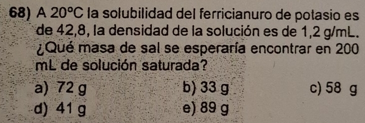 A 20°C la solubilidad del ferricianuro de potasio es
de 42,8, la densidad de la solución es de 1,2 g/mL.
¿ Qué masa de sal se esperaría encontrar en 200
mL de solución saturada?
a) 72 g b) 33 g c) 58 g
d) 41g e) 89 g