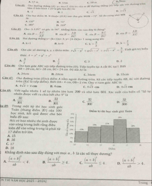 A. 57 m B. 55m C. 58 m D.56m
Cảu 41: Cho đường thắng (d) y=mx+ 2. Giá trị của m để đường thắng (d) tiếp xúc với đường tròn
tâm O bán kính 1 (O là gốc tọa độ) là:
A. -1 B. 1 C. sqrt(3) D. ± sqrt(3)
Câu 42: Cho hai điểm M, N thuộc (0,R) sao cho góc MO N=75° Số đo cung nhô MN
lă.
A 150° B. 75°
C. 285° D. 210°
Câu 43: Cho △ ABC có góc A=90°. Khẳng định não sau đây là đủng? sin B= AB/AC 
A. sin B= AC/AB  B sin B= AB/BC  C. sin B= AC/BC  D.
Câu 44: Hai đường thắng y=(k+1)x+3;y=(4-2k)x+1 song song khi
A. k=1 B. k=0 C. k= 3/2  D. k- 2/3 
Câu 45; Cho các số dương x, y, 2 thỏa mãn: xsqrt(1-y^2)+ysqrt(1-z^2)+zsqrt(1-z^2)= 3/2  , Tính giá trị biểu
thức A=x^2+y^2+z^2
B.
A.  3/2   1/2  C. 3 D. 2
Câu 46; Cho tạm giác ABC nội tiếp đường tròn (O). Tiếp tuyển tại A cắt BC tại I. Biết
AB=20cm,AC=28cm,BC=24cm Độ dài Al là:
A. 34cm B. 20cm C. 36cm D. 35cm
Cầu 47; Cho đường tròn (O)và điểm A nằm ngoài đường tròn. Kẻ các tiếp tuyến AB, AC với đường
tròn (B,C là tiếp điểm). Biết OA=4cm,OB=2 cm. Chu vi tam giác ABC là:
A. 4sqrt(3)+4cm B. 6 cm C. 6sqrt(3)cm D. 4sqrt(3)cm
Câu 48:  Viết ngẫu nhiên 1 số tự nhiên lớn hơn 299 và nhỏ hơn 601. Xác suất của biến cố "Số tự
nhiên được viết ra chia hết cho 9°1a
A.  32/301 . B.  33/301 . C.  32/300 . D.  33/300 .
iu 49: Trong một kỳ thi học sinh giải
Toán (thang điểm 20) của 10
học sinh, kết quả được cho bở
biểu đồ sau:
Hỏi có bao nhiêu thí sinh được 
vào vòng trong biết rằng điều
kiện để vào vòng trong là phải từ
17 điểm trở lên.
A. 15
B. 16
C. 17
D. 18
Khắng định nào sau đây đúng với mọi a , b là các số thực dương?
A. frac (a+b)^2ab<4. B. frac (a+b)^2ab≥ 4. C. frac (a+b)^2ab≤ 4. D. frac (a+b)^2ab>4.
ON THI NAM HọC 2025 - 2026] Trang - 4