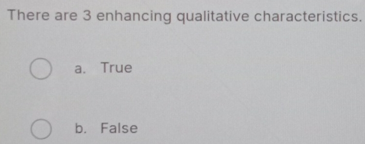 There are 3 enhancing qualitative characteristics.
a. True
b. False