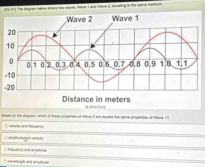 [OU.01] The diagram below shows two waves, Wave 1 and Wave 2, traveling in the same medium.
Distance in meters
© 2010 FLVS
Based on the diagram, which of these properties of Wave 2 are double the same properties of Wave 1?
ivelocity and frequency .
amplitude and velocity
frequency and amplitude
wavelength and amplitude