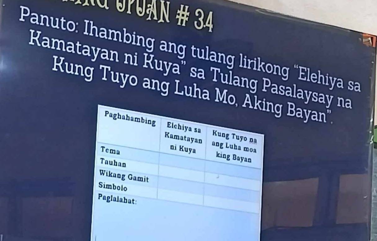 an # 34 
Panuto: Ihambing ang tulang lirikong “Elehiya sa 
Kamatayan ni Kuya'' sa Tulang Pasalaysay na 
Kung Tuyo ang Luha Mog Bayan'