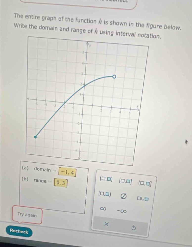 The entire graph of the function / is shown in the figure below.
Write the domain and range of h using interval notation.
) domain =[-1,4] (□ ,□ ) [□ ,□ ] (□ ,□ ]
(b) range =[0,3]
[□ ,□ )
□ U□
∞ -∞
Try again ×
Recheck