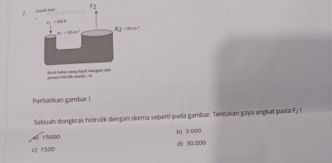 porpa hidroäk adalah... M.
Perhatikan gambar !
Sebuah dongkrak hidrolik dengan skema seperti pada gambar. Tentukan gaya angkat pada F_2I
d)15000 b) 3,000
c) 1500 d) 30.000