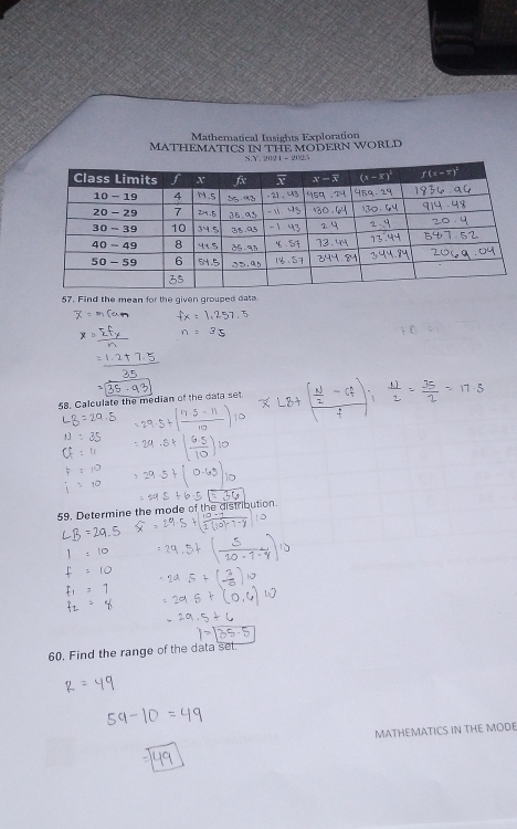 Mathematical Insights Exploration
MATHEMATICS iN THE MODERN WORLD
57. Find the mean for the given grouped data
58. Calculate the median of the data set
59. Determine the mode of the distribution.
60. Find the range of the data set.
MATHEMATICS IN THE MODE