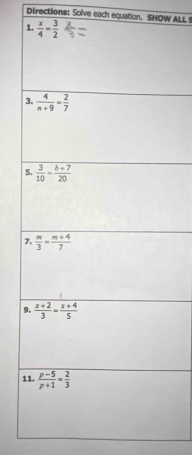 Directions: Solve each equation. SHOW ALL S