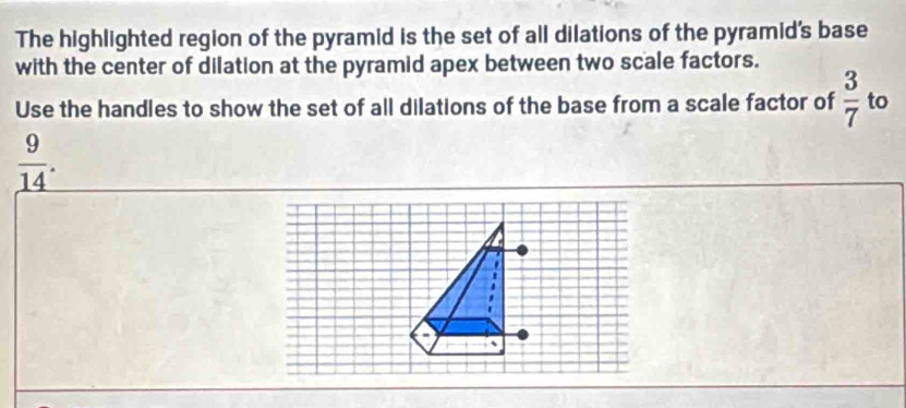 The highlighted region of the pyramid is the set of all dilations of the pyramid's base 
with the center of dilation at the pyramid apex between two scale factors. 
Use the handles to show the set of all dilations of the base from a scale factor of  3/7  to
 9/14 .