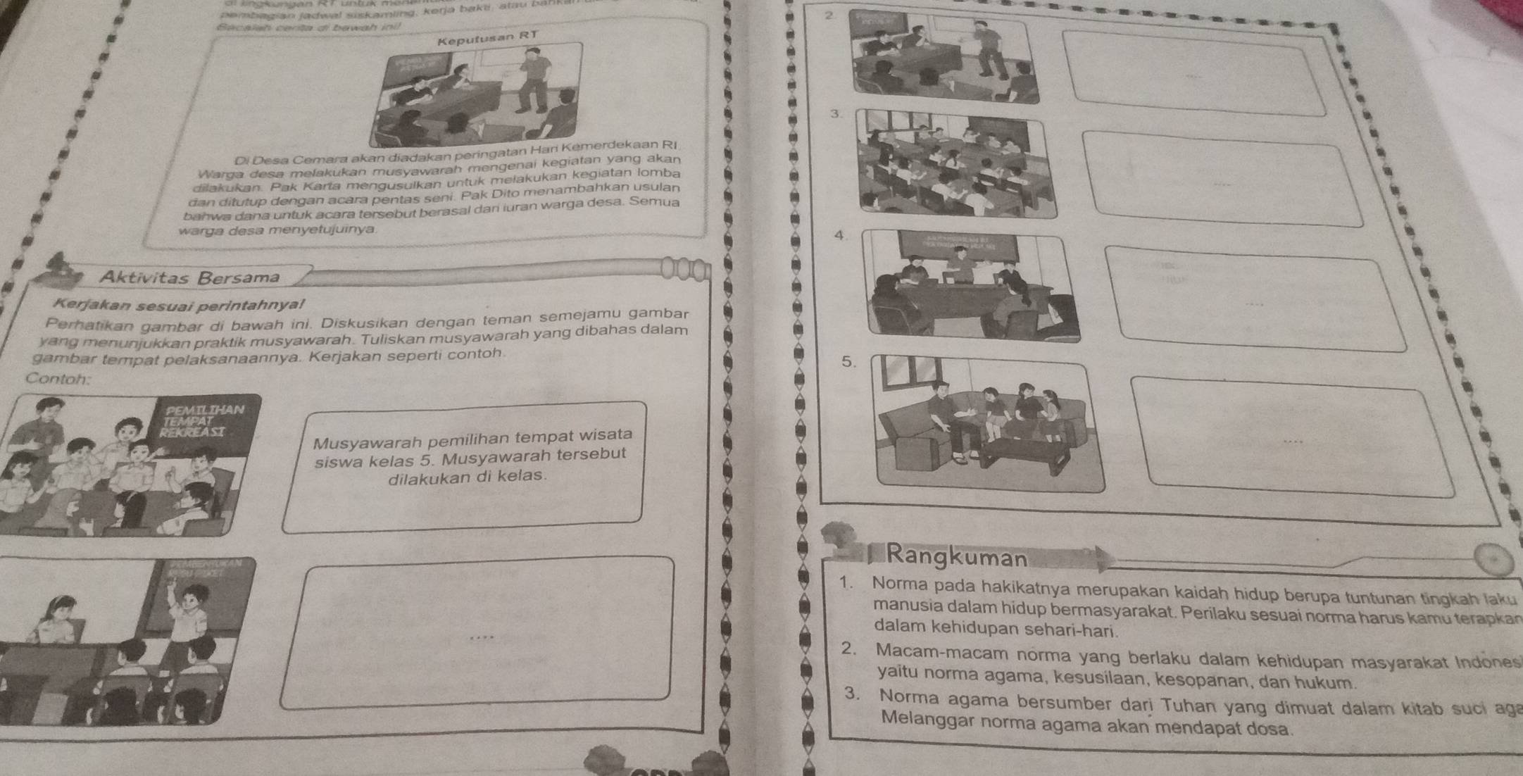 pembagian jadwal siskamling, kerja baki, atau ba 
2 
Becalsh certa di bewah ini) 
Di Desa Cemara akan diadakan prdekaan RI 
Warga desa melakukan musyawarah mengenai kegiatan yang akan 
dilakukan. Pak Karta mengusulkan untuk melakukan kegiatan lomba 
dan ditutup dengan acara pentas seni. Pak Dito menambahkan usulan 
bahwa dana untuk acara tersebut berasal dari iuran warga desa. Semua 
warga desa menyetujuínya 
4. 
Aktivitas Bersama 
Kerjakan sesuai perintahnya! 
Perhatikan gambar di bawah ini. Diskusikan dengan teman semejamu gambar 
yang menunjukkan praktik musyawarah. Tuliskan musyawarah yang dibahas dalam 
gambar tempat pelaksanaannya. Kerjakan seperti contoh 
5. 
Contah: 
PEMILIHAN 
weast 
Musyawarah pemilihan tempat wisata 
siswa kelas 5. Musyawarah tersebut 
dilakukan di kelas. 
Rangkuman 
1. Norma pada hakikatnya merupakan kaidah hidup berupa tuntunan tingkah laku 
manusia dalam hidup bermasyarakat. Perilaku sesuai norma harus kamu terapkan 
dalam kehidupan sehari-hari. 
2. Macam-macam norma yang berlaku dalam kehidupan masyarakat Indones 
yaitu norma agama, kesusilaan, kesopanan, dan hukum. 
3. Norma agama bersumber dari Tuhan yang dimuat dalam kitab suci aga 
Melanggar norma agama akan mendapat dosa.