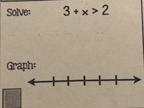 Solve: 3+x>2
Graph: