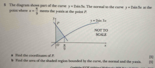 The diagram shows part of the curve y=2sin 3x. The normal to the curve y=2sin 3x at the
point where x= π /9  meets the y-axis at the point P.
a Find the coordinates of P.
b Find the area of the shaded region bounded by the curve, the normal and the y-axis. [5] [5]