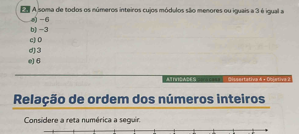 2o A soma de todos os números inteiros cujos módulos são menores ou iguais a 3 é igual a
a) -6
b) -3
c) 0
d) 3
e) 6
ATIVIDADES para casa Dissertativa 4 • Objetiva 2
Relação de ordem dos números inteiros
Considere a reta numérica a seguir.