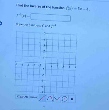 Find the inverse of the function f(x)=5x-4.
f^(-1)(x)=□
Draw the functions f and f^(-1)
raw: