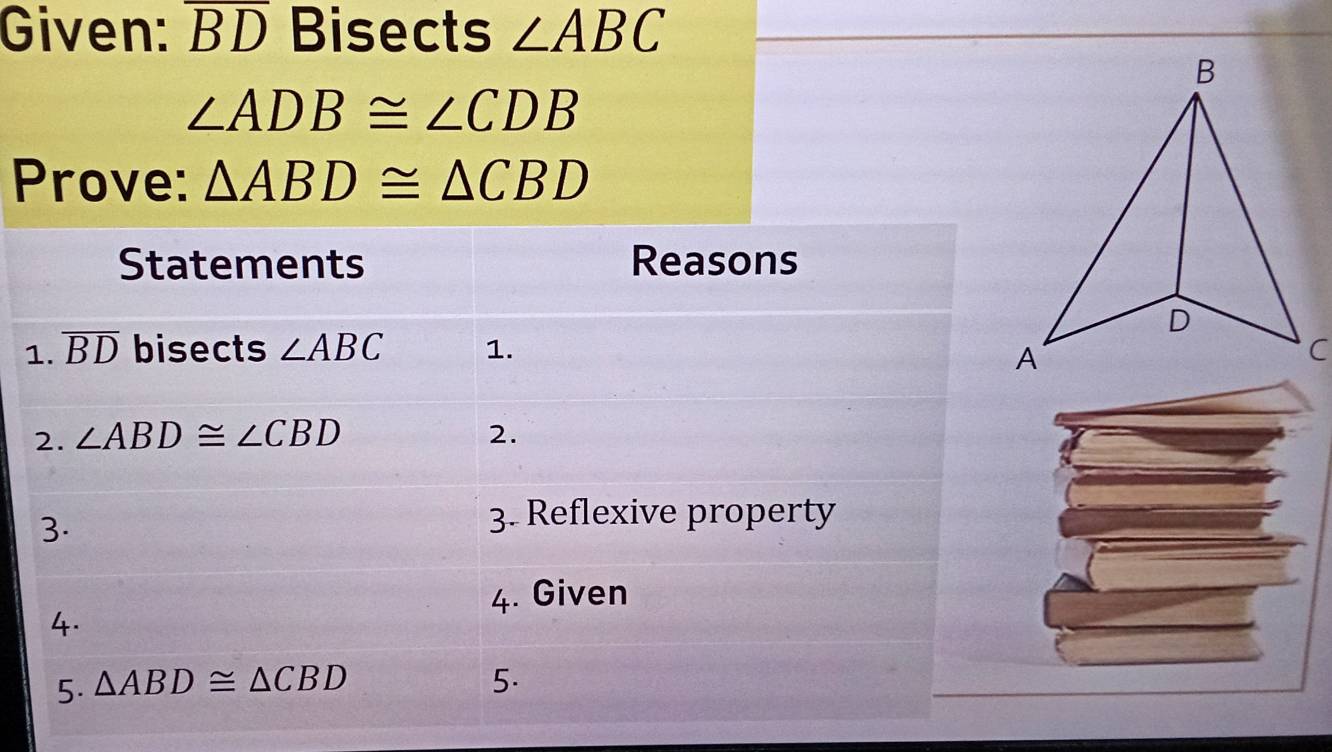 Given: overline BD Bisects ∠ ABC
∠ ADB≌ ∠ CDB
Prove: △ ABD≌ △ CBD