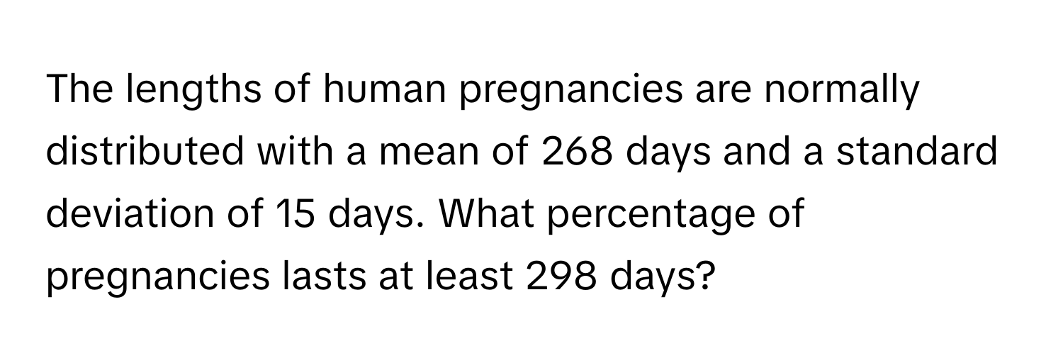 The lengths of human pregnancies are normally distributed with a mean of 268 days and a standard deviation of 15 days. What percentage of pregnancies lasts at least 298 days?