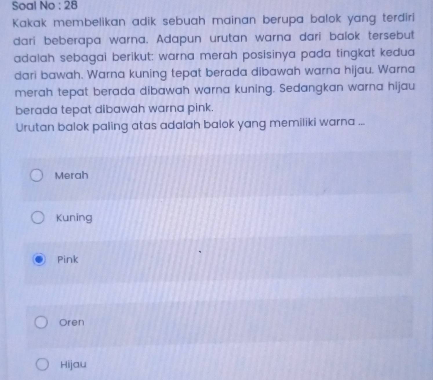 Soal No : 28
Kakak membelikan adik sebuah mainan berupa balok yang terdiri
dari beberapa warna. Adapun urutan warna dari balok tersebut
adalah sebagai berikut: warna merah posisinya pada tingkat kedua
dari bawah. Warna kuning tepat berada dibawah warna hijau. Warna
merah tepat berada dibawah warna kuning. Sedangkan warna hijau
berada tepat dibawah warna pink.
Urutan balok paling atas adalah balok yang memiliki warna ...
Merah
Kuning
Pink
Oren
Hijau