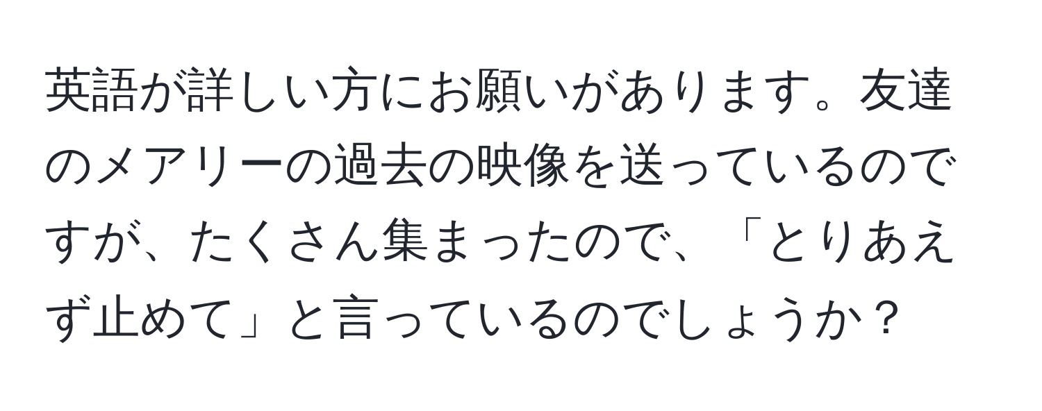 英語が詳しい方にお願いがあります。友達のメアリーの過去の映像を送っているのですが、たくさん集まったので、「とりあえず止めて」と言っているのでしょうか？