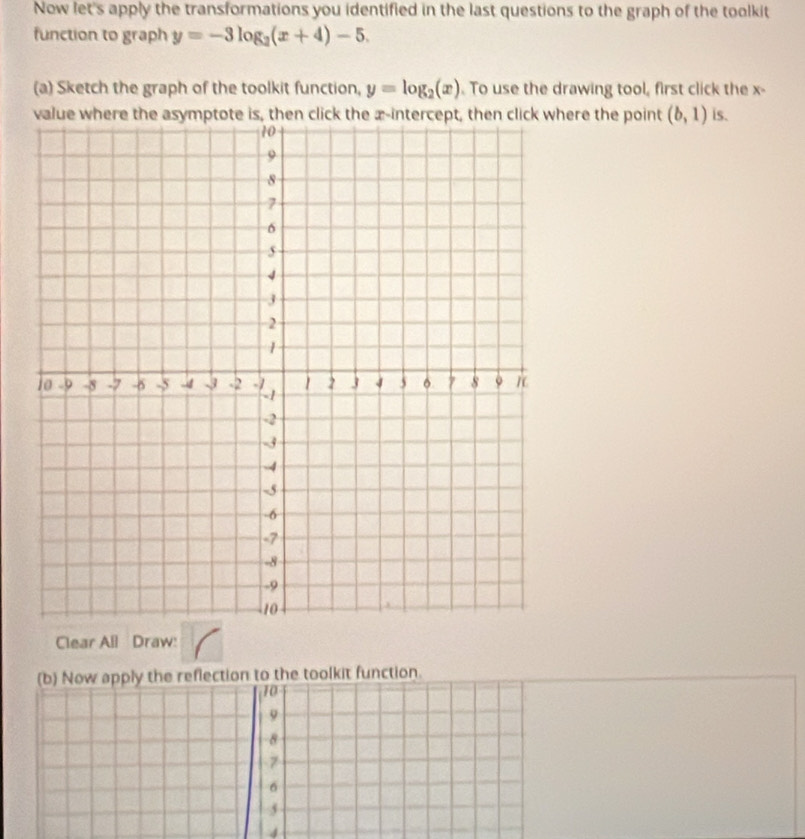 Now let's apply the transformations you identified in the last questions to the graph of the toolkit 
function to graph y=-3log _2(x+4)-5. 
(a) Sketch the graph of the toolkit function, y=log _2(x).To use the drawing tool, first click the x - 
value where the asymptote is, then click tere the point (b,1) is. 
Clear All Draw: 
ly the reflection to the toolkit function.