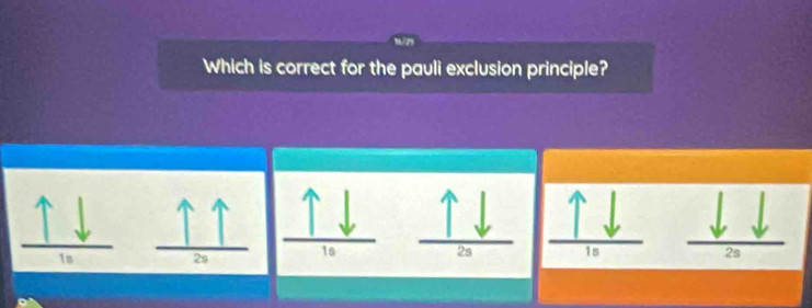 Which is correct for the pauli exclusion principle?
2s 1s
18 28 18 2s