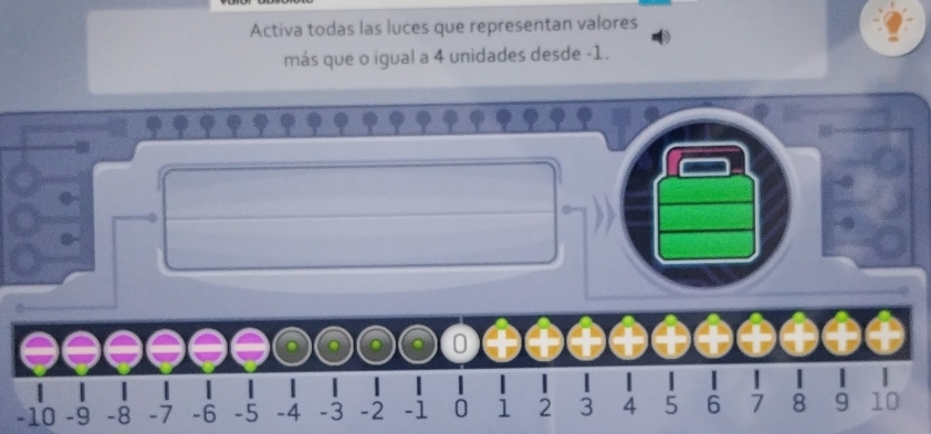 Activa todas las luces que representan valores 
más que o igual a 4 unidades desde -1. 
U
1
-10 -9 -8 -7 -6 -5 -4 -3 -2 -1 0 1 2 3 4 5 6 7 8 9 10