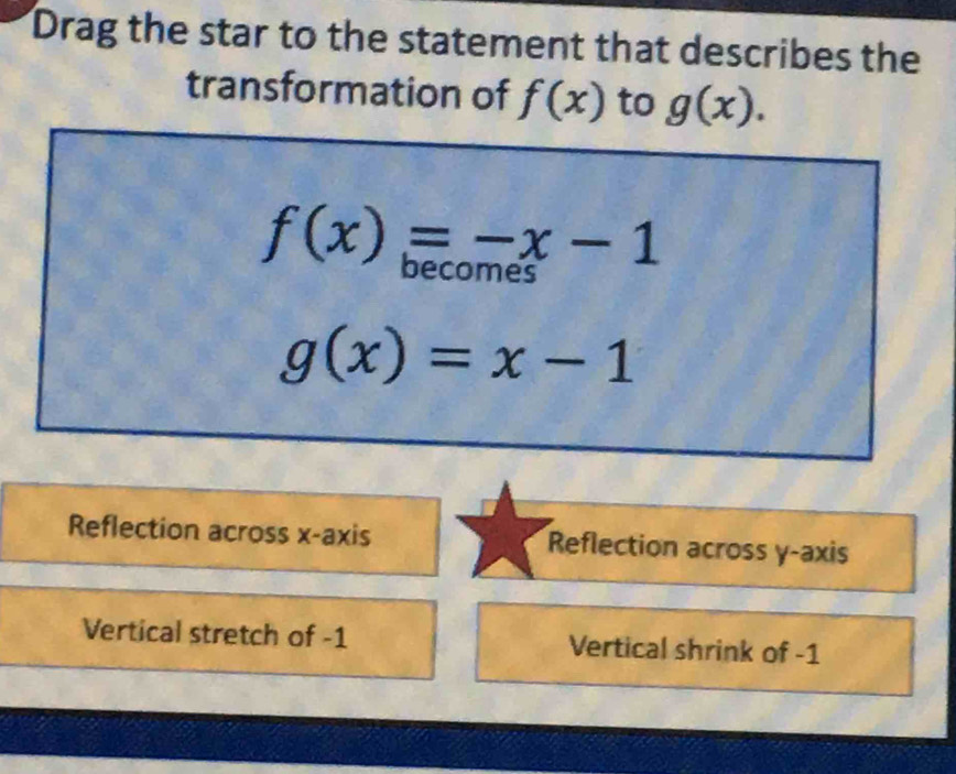 Drag the star to the statement that describes the
transformation of f(x) to g(x).
f(x)=-x-1
mes
g(x)=x-1
Reflection across x-axis Reflection across y-axis
Vertical stretch of -1 Vertical shrink of -1