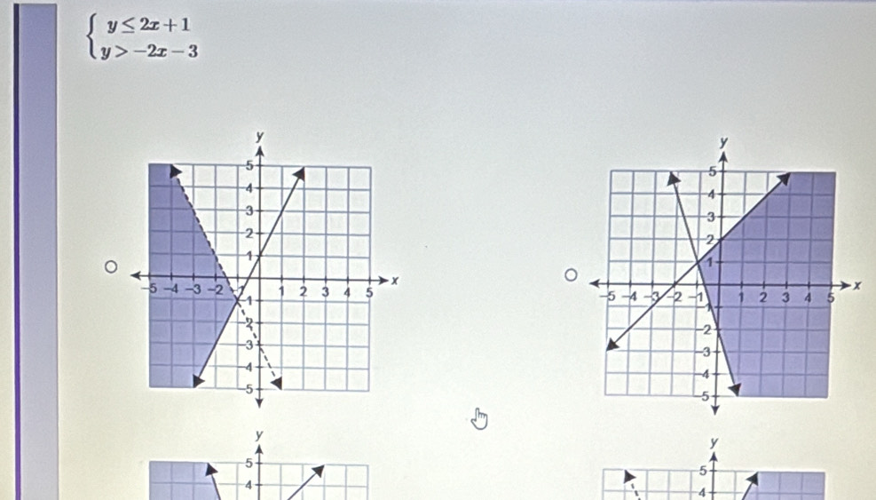 beginarrayl y≤ 2x+1 y>-2x-3endarray.

y
y
5
5
4
4