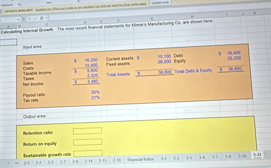 ront 
Clipboard 1S N 
UPOATES AVAILABLE Updates for Office are ready to be installed, but first we need to close some apps. Update now
1 J K
1 f 
H 
C 
D 
F 
G 
Calculating Internal Growth The most recent financial statements for Minnie's Manufacturing Co. are shown here: A B 
□ 
Input area: 
Sales 16,200 Current assets $ 10,100 Debt 
Costs 26,500 Equity 
Taxes Total Assets $ 36,600 _ Total Debt & Equity beginarrayr $16.400 20,20,25.36.600 hline endarray
Taxable income  5/5  10,400 Fixed assets
5,800
Net income
 (2,320)/3,480 
Payout ratio 30%
Tax rate 21%
Output area: 
Retention ratio □ 
Return on equity □ 
Sustainable growth rate □ 3-6 3 -7 3 -8 3 -20 3 -21
2 -1 2 -2 2 -3 2 -7 2 -8 2 -14 2 -15 2-18 Financial Ratios 3 -1 3 -2 3 -5