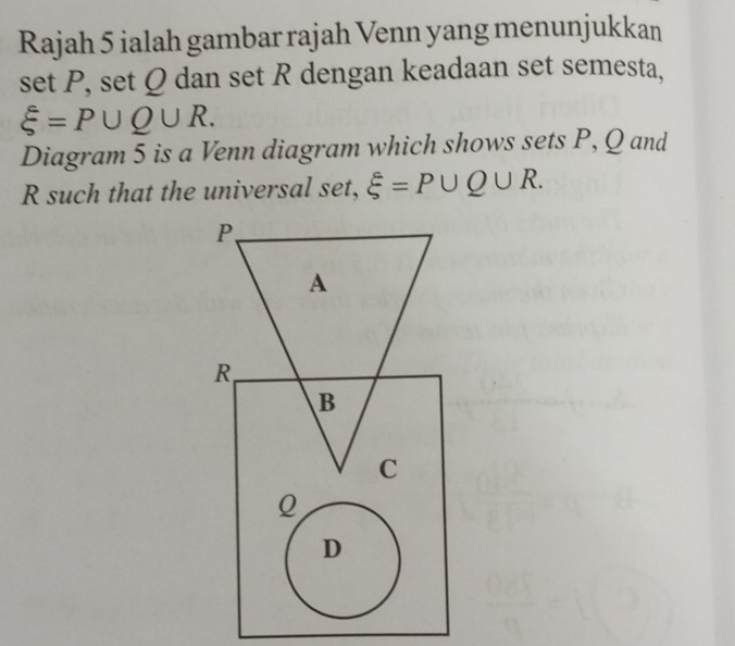 Rajah 5 ialah gambar rajah Venn yang menunjukkan
set P, set Q dan set R dengan keadaan set semesta,
xi =P∪ Q∪ R. 
Diagram 5 is a Venn diagram which shows sets P, Q and
R such that the universal set, xi =P∪ Q∪ R.
P 、
A
R
B
C
Q
D