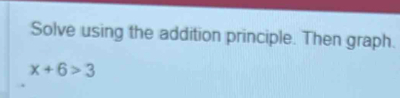 Solve using the addition principle. Then graph.
x+6>3